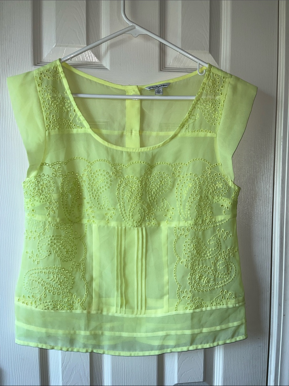 American Eagle Outfitters Neon Yellow Sheer Embroidered Cap-Sleeve Top